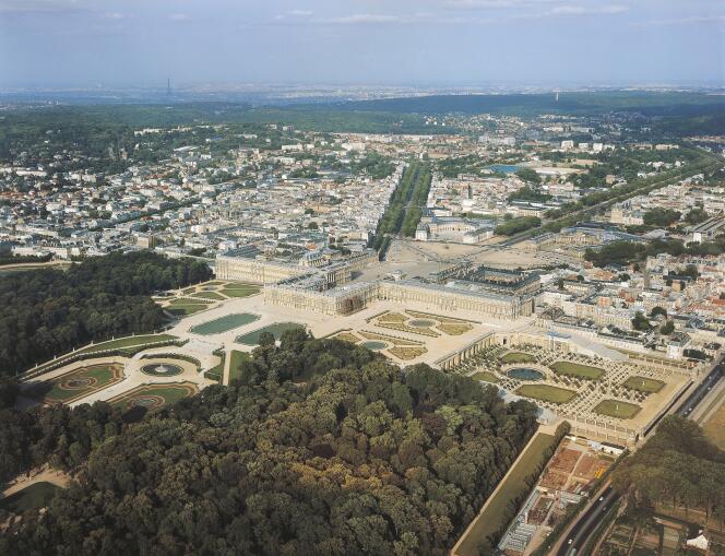 Aerial view of the gardens of the Palace of Versailles 